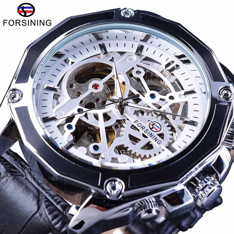 Forsining 2018 Royal Golden Skeleton Display Blue Hands Brown Genuine Leather Band Mens Mechanical Wristwatches Clock Male