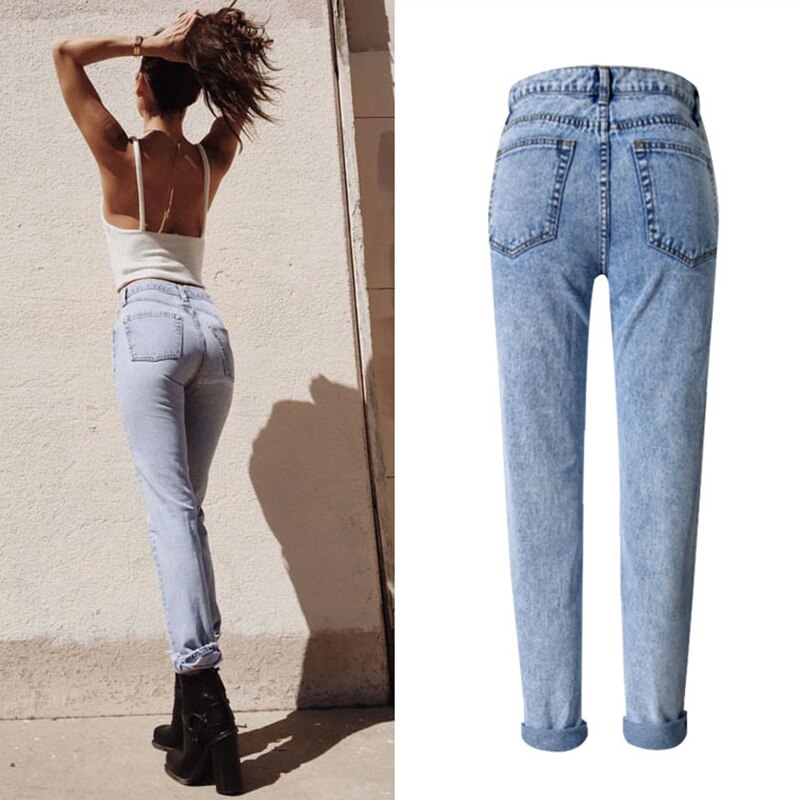 Women Long Jeans High Waist 100% Cotton Snow Wash Type Denim Jeans Vintage Loose Straight Denim Jeans Trousers