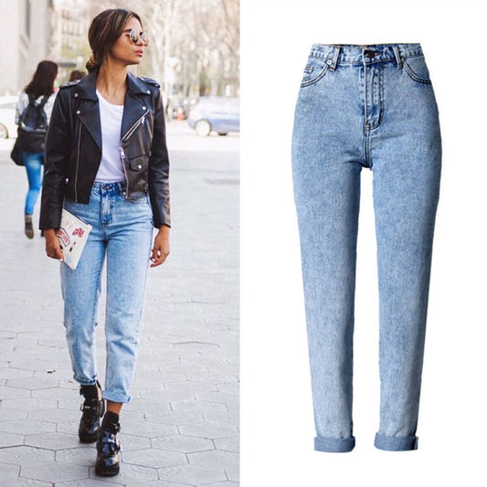 Women Long Jeans High Waist 100% Cotton Snow Wash Type Denim Jeans Vintage Loose Straight Denim Jeans Trousers