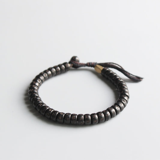 Tibetan buddhist Handbraided Black Cotton thread Lucky Knots bracelet Natural Coconut shell bead Carved OM Bangle Unique Gift