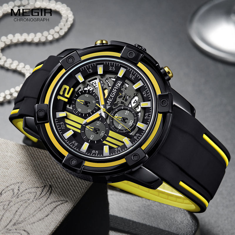 Watches Chronograph Sports Wristwatch for Men 3atm Waterproof Megir Men's Black Silicone Strap Quartz Luminous Hands 2097 Yellow