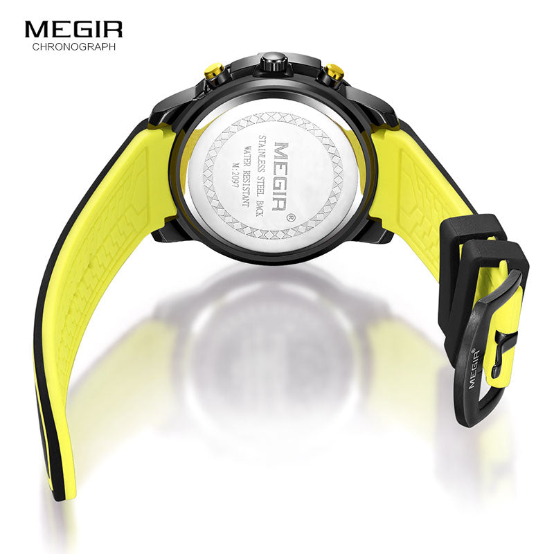 Watches Chronograph Sports Wristwatch for Men 3atm Waterproof Megir Men's Black Silicone Strap Quartz Luminous Hands 2097 Yellow