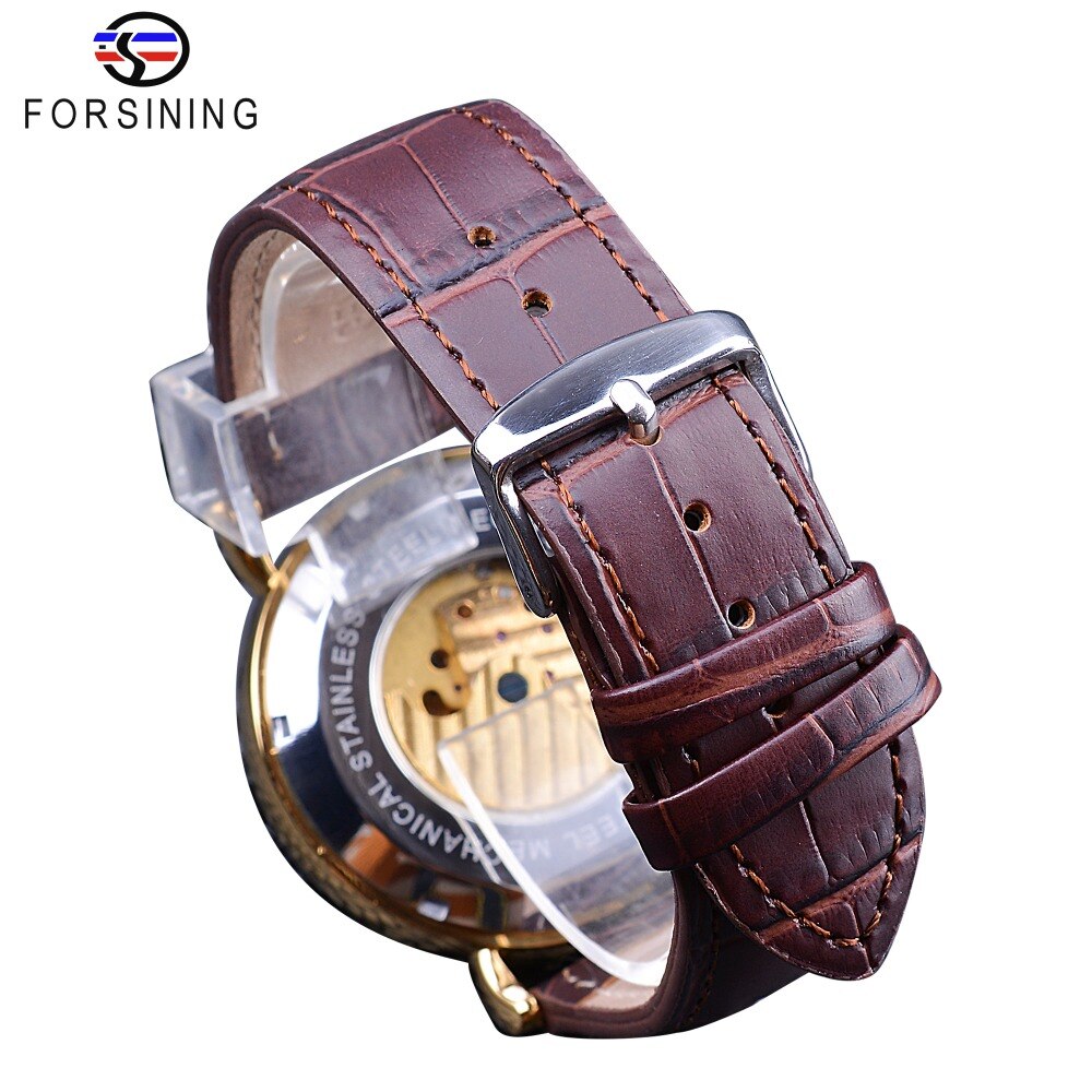 Forsining 2018 Royal Golden Skeleton Display Blue Hands Brown Genuine Leather Band Mens Mechanical Wristwatches Clock Male