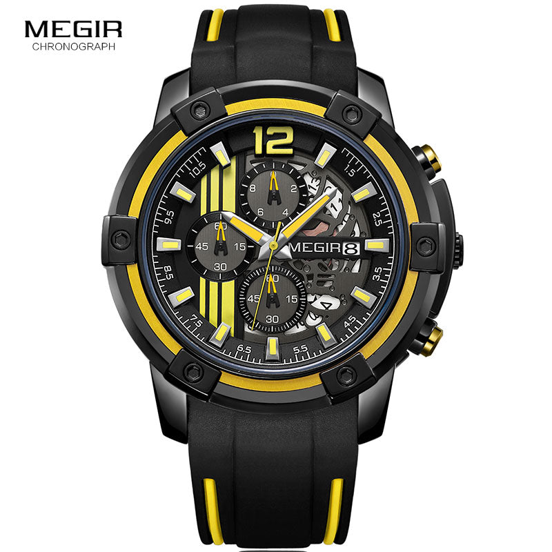 Watches Chronograph Sports Wristwatch for Men 3atm Waterproof Megir Men's Black Silicone Strap Quartz Luminous Hands 2097 Yellow