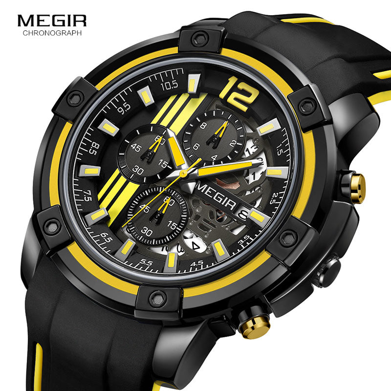 Watches Chronograph Sports Wristwatch for Men 3atm Waterproof Megir Men's Black Silicone Strap Quartz Luminous Hands 2097 Yellow