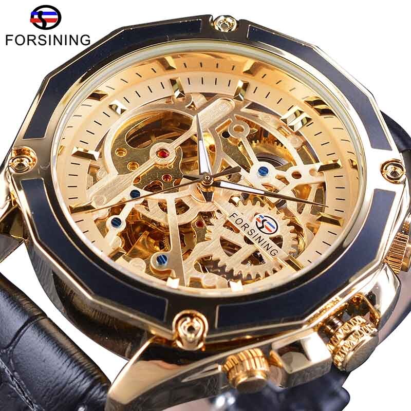 Forsining 2018 Royal Golden Skeleton Display Blue Hands Brown Genuine Leather Band Mens Mechanical Wristwatches Clock Male