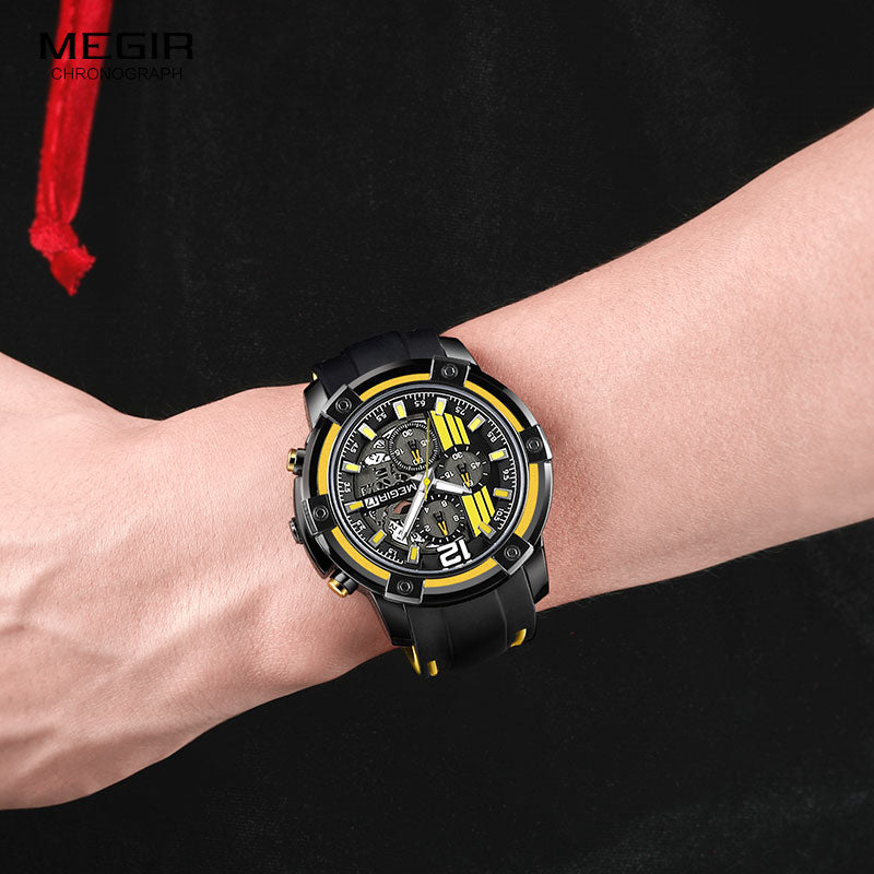 Watches Chronograph Sports Wristwatch for Men 3atm Waterproof Megir Men's Black Silicone Strap Quartz Luminous Hands 2097 Yellow