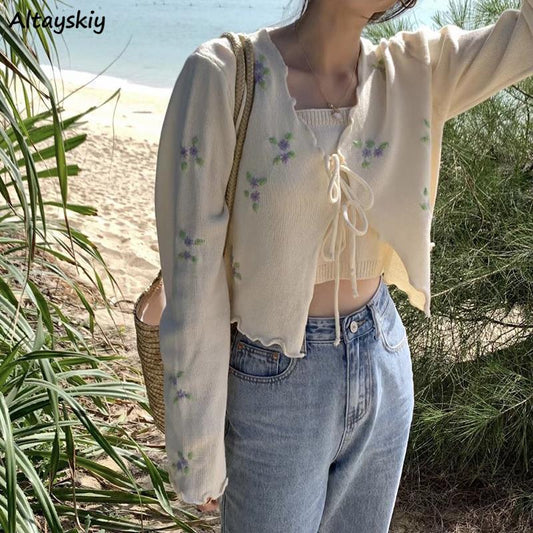 Cardigan Women Vintage Embroidery Sweet Simple Tender Spring Lovely Lace-up Bow All-match Sun Protection Daily Knitted Sweaters