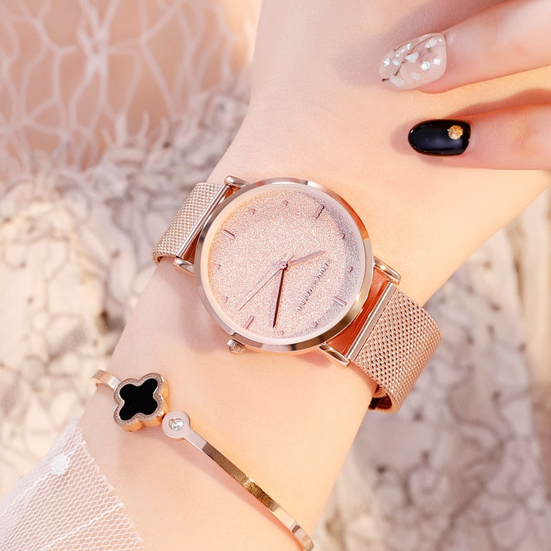 Women Stainless Steel Rose Gold Mesh Unique Simple Casual Quartz Waterproof Wristwatches Hot Sale