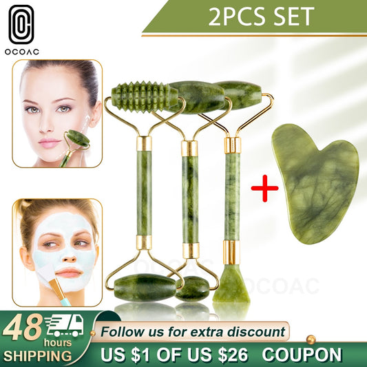Jade Face Roller Set 2pcs Massager Green Facial Natural Gouache Scraper Body Back Beauty Skin Care Slimming Massagers