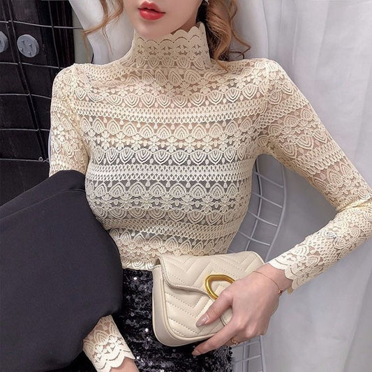 Ladies Casual Long Sleeve Floral Embroidery Lace Blouses shirts